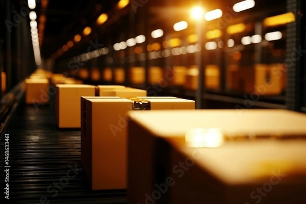 Obraz Cardboard boxes on conveyor belt in warehouse