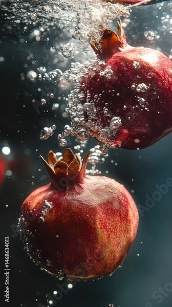 Fototapeta Pomegranates Splashing in Water with Bubbles and Dramatic Light Effects