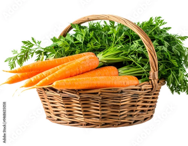 Obraz  Organic Carrots with Leafy Tops in Rustic Wicker Basket, isolated on transparent background PNG