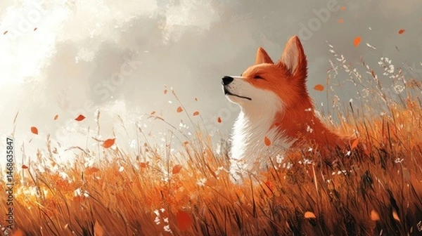 Obraz A corgi resting in a golden field