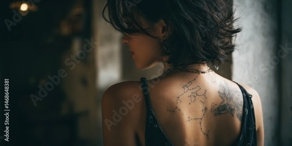 Fototapeta Close up of a woman's back with intricate tattoos.