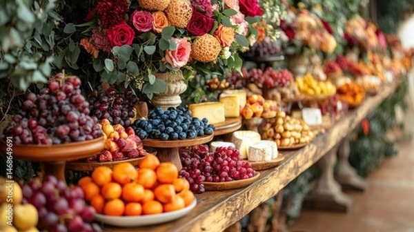 Fototapeta Table with fruits cheese and flowers arranged in a row for a party.
