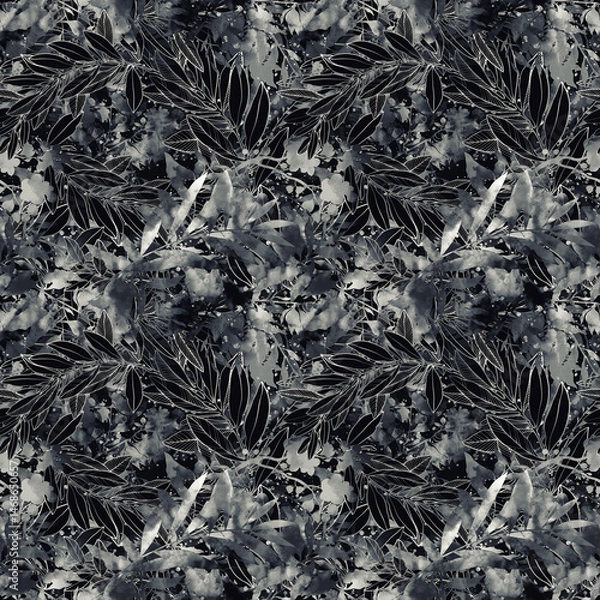 Obraz Dark fantasy leaves. Boho chic floral seamless pattern. Hand drawn endless motif in watercolour and digital. Mixed media botanical design for textile, fabric, packaging, decoupage, prints, souvenirs.