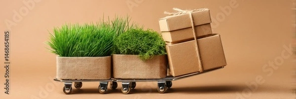 Fototapeta Eco Farm Delivery Setup With Grass and Labeled Cartons in a Creative Arrangement on a Simple Background Generative AI