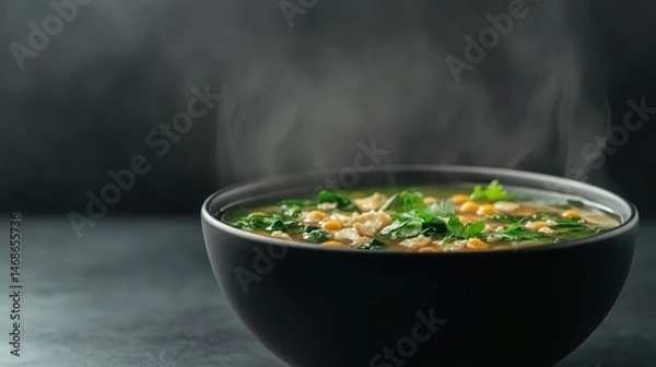 Fototapeta A steaming bowl of hot soup with greens and grains, served in a black bowl on a dark background.