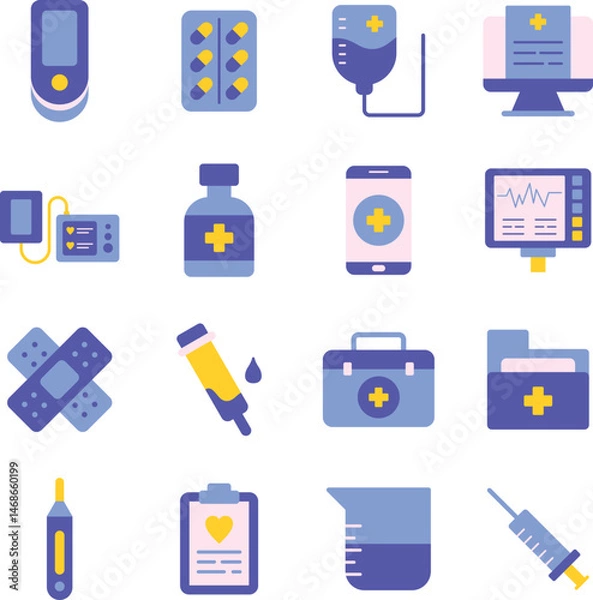 Obraz Medical Equipment illustration set. Includes of tools, stethoscope, syringe, thermometer, x-ray, medical device, and More. Vector flat color collection