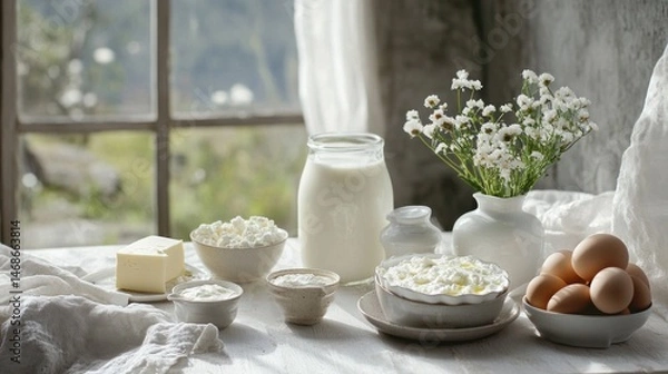 Fototapeta Dairy and eggs arranged on a table, sunlight, rustic style