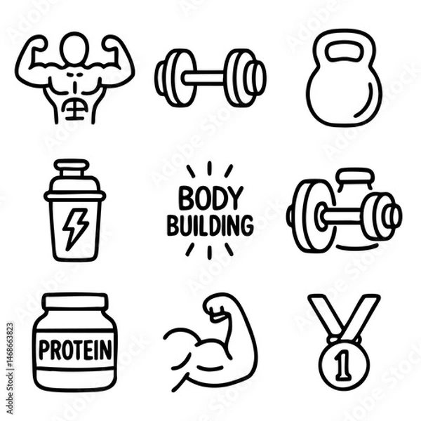 Obraz A set of doodle line icons showcasing bodybuilding and gym-related elements like weights, muscles, supplements, and trophies