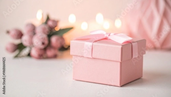 Fototapeta 可愛いリボンがついたピンク色のプレゼントボックス