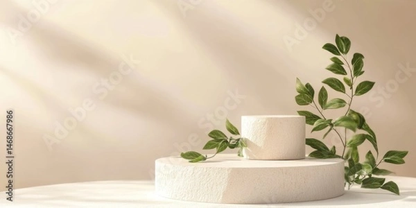 Obraz Elegant minimalist display with greenery on textured white platform