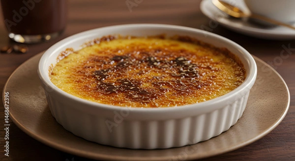 Fototapeta Delicious creamy Crème Brûlée in a ceramic bowl topped with caramelized sugar served at the table