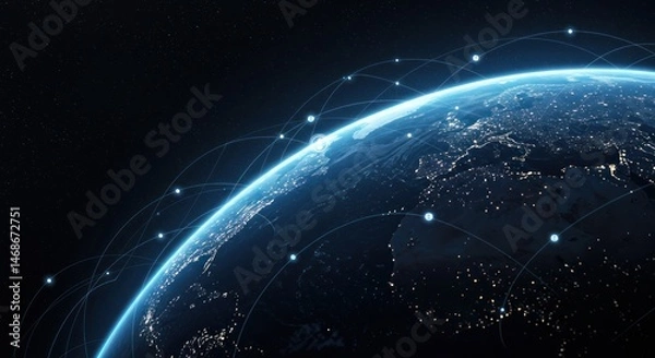 Fototapeta Digital earth globe with network connections in space against a dark background.