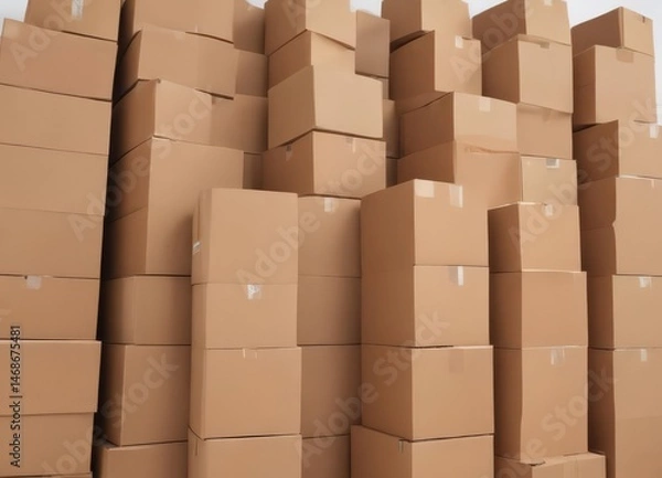 Fototapeta Neatly stacked brown cardboard boxes on pure white background , cleanliness, nature