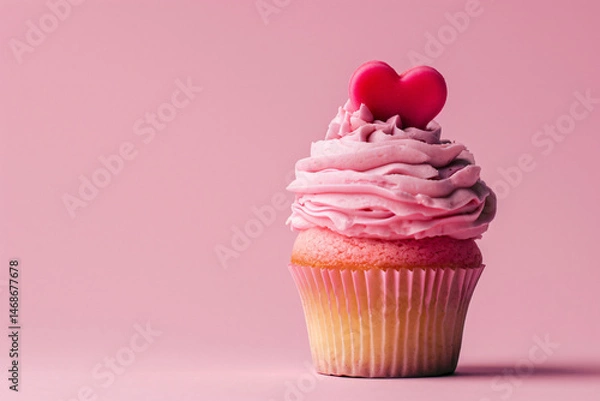 Fototapeta a cupcake with pink frosting and two hearts on top