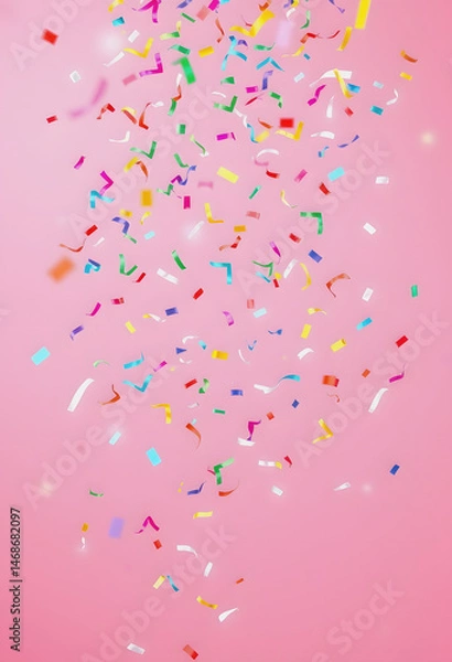Fototapeta Birthday, party, celebration, New Year or Christmas celebration concept. Multicolored confetti falling against pastel colored pink background , with white tonespng