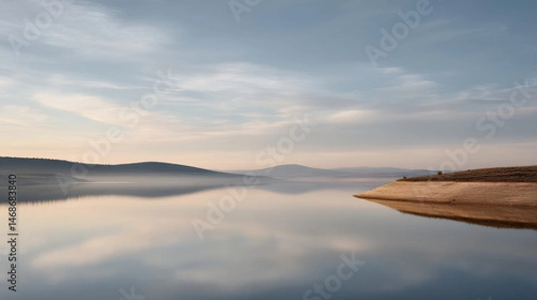 Obraz serene reservoir edge in spain at sunrise showcasing rich color tones