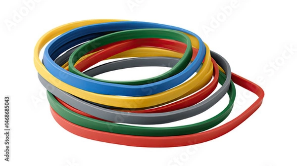 Fototapeta Colorful Resistance Bands: A coiled collection of multi-colored resistance bands, symbolizing strength, flexibility, and versatility, perfectly aligned for fitness, exercise, and physical therapy. 