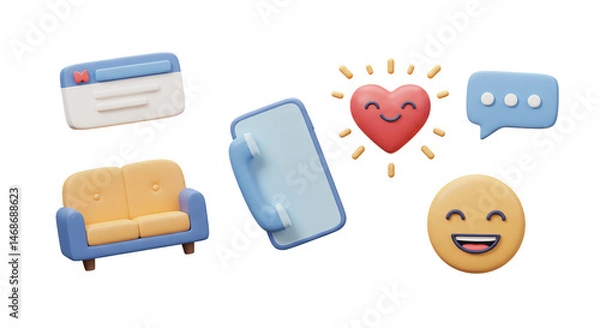 Fototapeta A cartoon rendering featuring a couch, phone, heart, speech bubble, and a smiling face on a black background
