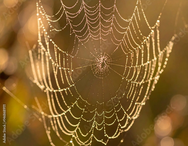 Obraz Delicate Dew-Covered Spiderweb In Golden Sunlight