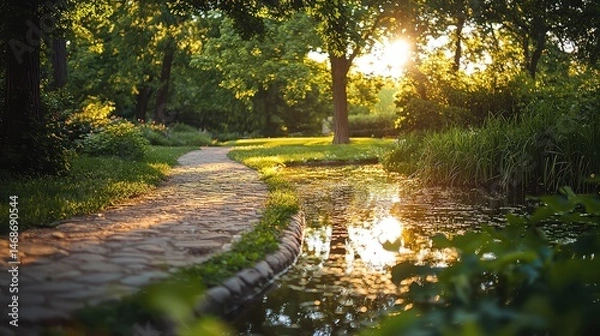 Obraz Sunlit Pathway by Pond Amidst Lush Greenery in a Tranquil Park Landscape with Warm Sunlight and Reflection