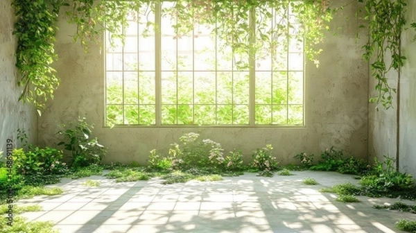 Obraz Sunlit Room with Concrete Walls and Plants Cascading Down on Large Window and Floor Scaterred with Flowers and Leaves