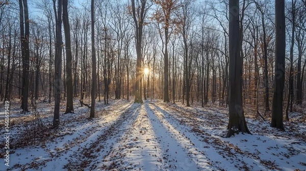 Obraz Sunlit Snowy Forest in Winter Landscape with Bare Trees and Blue Sky during Daytime