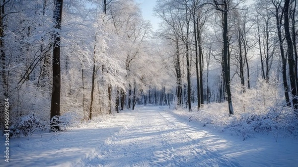 Obraz Sunlit Snowy Forest Landscape With Fresh Snow On Trees On A Cold Sunny Day Nature Background In Serene Winter Season