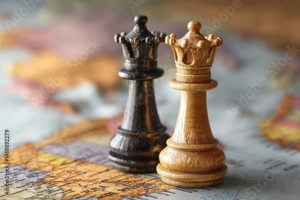 Fototapeta Chess queens on a world map.