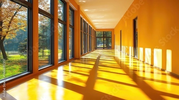 Fototapeta Sunlit Yellow Corridor With Autumn View Through Windows Casting Geometric Shadow Pattern on Floor Creates Warm Inviting