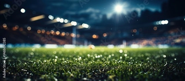 Obraz Soccer or football field with green grass and bokeh lights