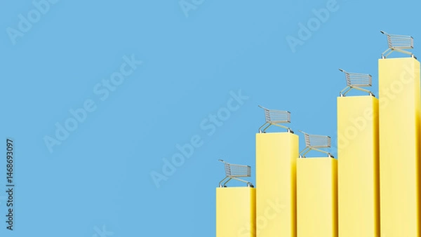 Obraz A Series of Shopping Carts Positioned on Ascending Yellow Columns against a Blue Background