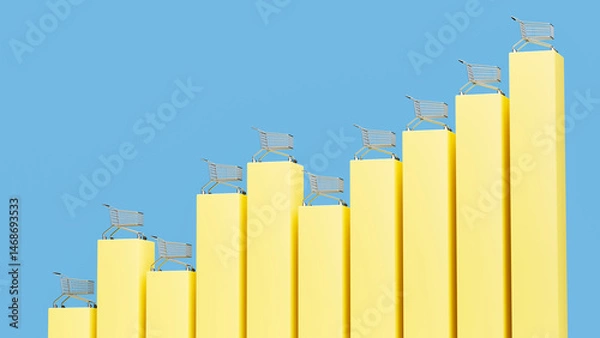 Obraz Shopping Carts Positioned on Increasingly Tall Yellow Blocks with a Clear Blue Sky in the Background, Representing Consumer Demand Rise
