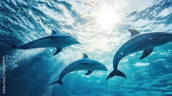 Obraz Three Dolphins Swimming Gracefully Underwater with Sunlight Filtering Through Blue Water in a Serene Marine Scene