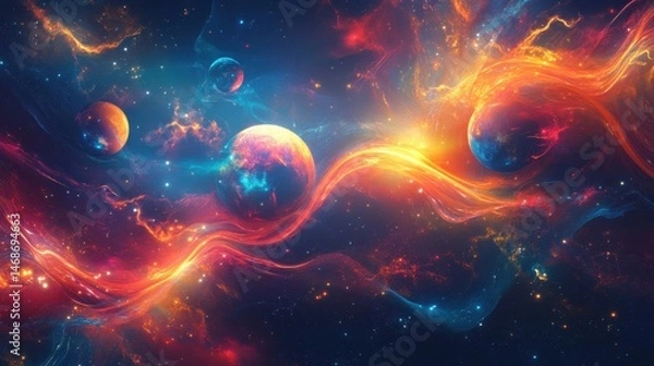 Fototapeta Cosmic artwork featuring planets and nebulae with vibrant colors and starfields, creating a celestial space scene with swirling clouds of light and energy.