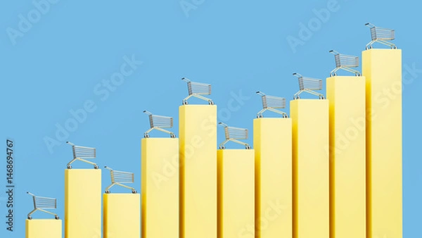 Obraz Ascending Yellow Bar - Graph - like Structures Each Topped with a Shopping Cart, Set Against a Clear Blue Sky, Indicating Increasing Consumer Activity