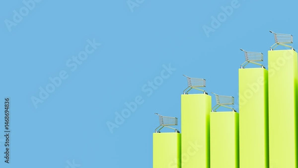 Obraz Green vertical bars with miniature shopping carts perched on their summits, set against a serene blue backdrop, indicating upward - trending consumer activity