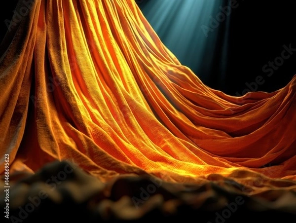 Fototapeta Golden orange fabric waves folding with dramatic curves under spotlight creating elegant movement and texture in luxurious textile detail for abstract fabric or fashion background