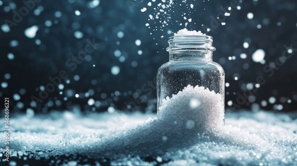 Fototapeta Suspended salt particles fall into clear glass bottle with cinematic spa lighting effect, creating serene and commercial ready mockup scene