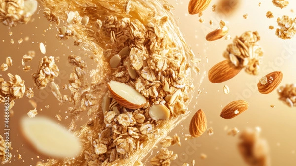 Fototapeta Slow motion granola and almond swirl with warm golden background, creating inviting and natural feel for healthy snack or breakfast concept