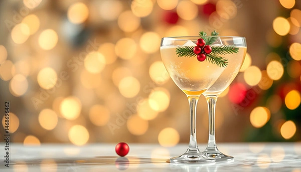 Fototapeta Glasses of cocktails with Christmas decoration on bokeh lights background , with white tonespng