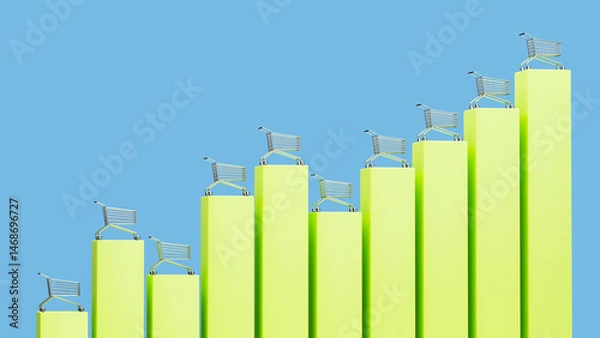 Obraz A Series of Shopping Carts Standing on Ascending Green Bars against a Blue Background Symbolizing Growth in Sales or Purchases