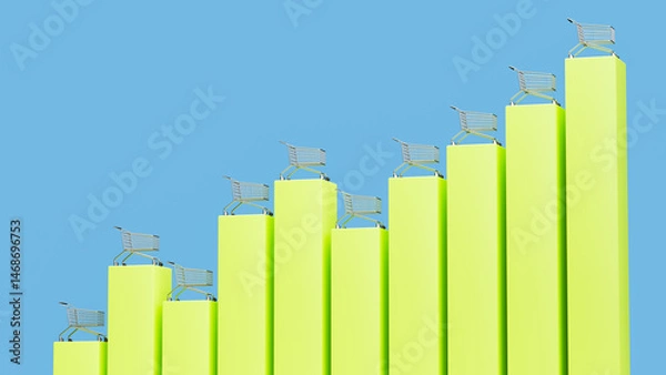 Obraz A Series of Shopping Carts Placed on Ascending Green Bar Graphs against a Blue Sky Background, Symbolizing Growth in Retail or E - commerce