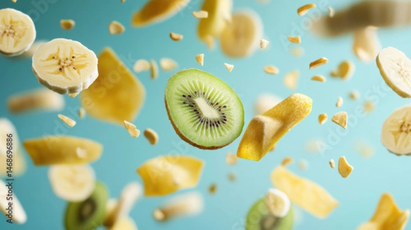 Fototapeta Kiwi and banana chips suspended mid air with open snack pack beneath, representing healthy snack concept with vibrant colors and fresh fruit slices