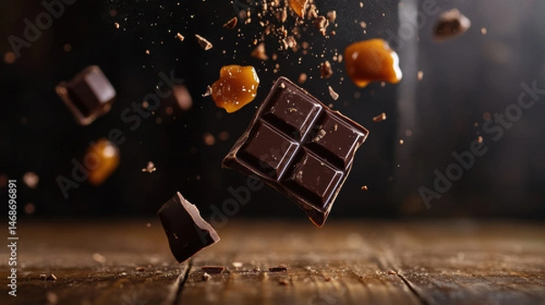 Fototapeta Suspended dark chocolate piece with caramel chunks and chocolate crumbs flying over rustic wooden surface, creating rich and indulgent dessert scene