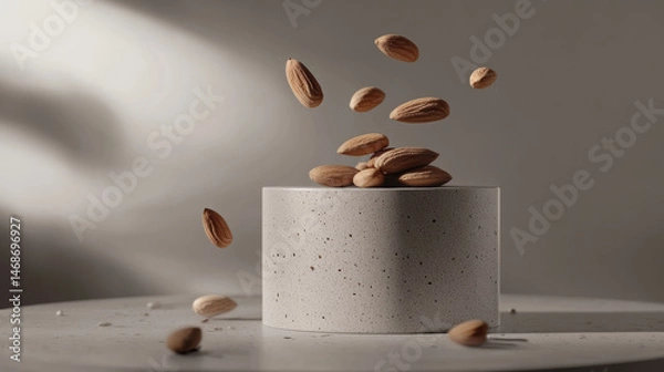 Fototapeta Almonds float above minimal concrete pedestal with soft side lighting, creating natural and healthy product display with clean, neutral background