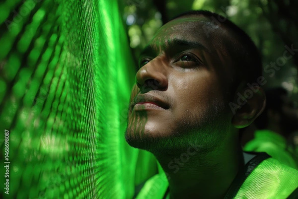 Fototapeta Man in green vest looks thoughtfully at bright green digital display or projection on wall, with lush green background, conveying sense of curiosity and technological engagement