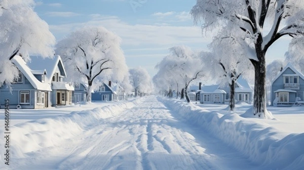 Obraz Winter landscape with snow-covered trees and houses.