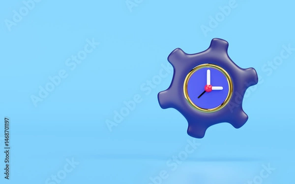 Fototapeta 3d cartoon clock in gear icon isolated on blue background. minimalism, time management, productivity concept, 3d illustration render