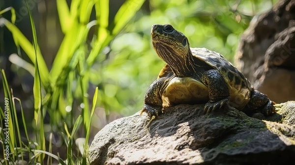 Obraz Turtle Resting on Rock in Sunlight with Green Garden Background and Wild Animal in Tranquil Wildlife Scene