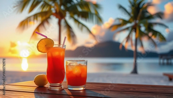 Fototapeta drinks with blur tropical beach and sunset in background , with white tonespng